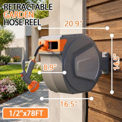 Retractable Garden Hose Reel,Heavy Duty Water Hose Reel,Wall Mounted with 9-Pattern Spray Nozzle,Any Length Lock,Slow Retract System,180° Swivel for Yard,Lawn,Patio & Car Wash (Grey, 1/2" x 78 FT) - color: Grey, size: 1/2" x 78 FT