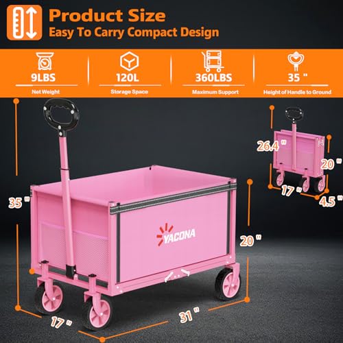 Semoprus 3 in 1 Wagons Carts Foldable,360LBS Beach Cart with Sturdy Wheels - color: Pink
