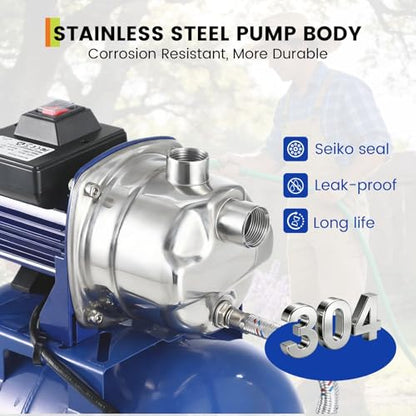 Garvee 1.6 HP Shallow Well Pump with Pressure Tank, Stainless Steel Jet Pump 115V 1320GPH Automatic Water Booster Pump for Home Garden Lawn Sprinkler Irrigation - color: Blue