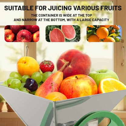 Master Manual Fruit Crusher, 7L/1.8 Gallon Capacity, Stainless Steel Construction, Green Frame, Wine and Apple Press with Juicing Roller