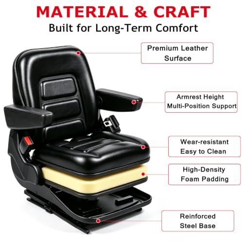 Universal Seat with Micro Switch, Armrest & Safety Belt – Heavy Duty Replacement for Forklift, Tractor, Skid Loader, Telehandler, Backhoe, Excavator, Dozer, Mower