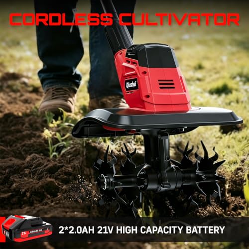 21V Cordless Tiller Cultivator, Lightweight 360RPM Electric Garden Tiller with 2 * 2.0Ah Batteries, 9" Width, 6.6" Depth, 48 Steel Tines Mini Rototiller for Weeding, Gardening & Soil Cultivation Red