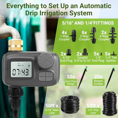 Smart Drip Irrigation System, Adjustable Timed Watering for Raised Beds & Potted Plants, Includes Leak-Resistant Tubing Kit (5/16” & 1/4”) - style: Timer Kit