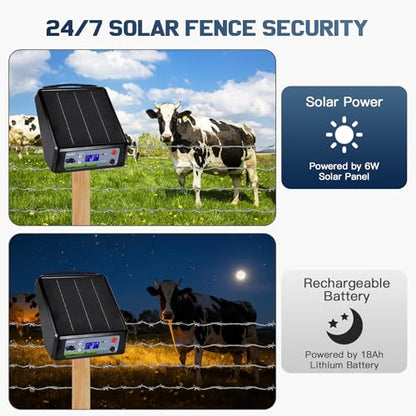 20 Miles Solar Electric Fence Charger Kit, 0.3-2.0J Adjustable, LED - color: Black