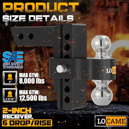 LOCAME Adjustable Trailer Hitch, Fits 2-Inch Receiver, 6-Inch Drop/Rise Aluminum Drop Hitch,12,500 LBS GTW-Tow Hitch for Heavy Duty Truck with Double Stainless Steel Locks, Black, LC0024 - color: Black, size: 2" 6drop