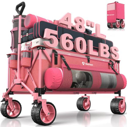 HIKEMOON 48'' Extra Large Collapsible Wagon with Big Wheels, 300L Pink - color: Pink
