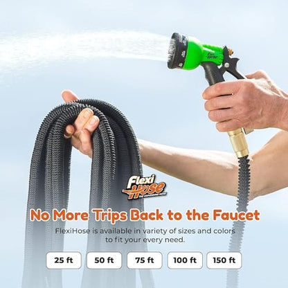 Flexi Hose with 8 Function Nozzle, 25FT - Lightweight Expandable Garden Hose, No-Kink Flexibility, 3/4 Inch Solid Brass Fittings and Double Latex Core - size: 25ft