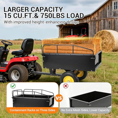 Heavy Duty ATV Trailer Tow Behind Steel Dump Cart 750LBS Capacity, 15 Cu. Ft Garden Utility Trailer with Removable Sides & Rear Hitch, Reinforced Steel Frame, for Riding Lawn Mower Tractor - color: Black + Yellow