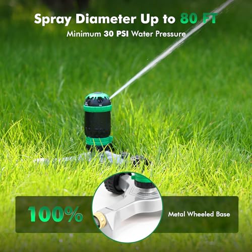 RESTMO Gear Drive Sprinkler with Metal Wheeled Base,Portable Lawn Sprinkler