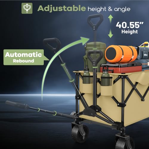 HIKEMOON 150L Collapsible Wagon Compact with Big Wheels, 420LBS Khaki - color: Khaki