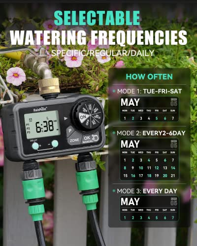 RAINPOINT Brass Sprinkler Timer 2 Stations, Large Digital Water Timer for Garden Hose with 6 Programmable Procedure, with Delay/Manual/Auto Irrigation Mode for Week/Specific/Daily Watering