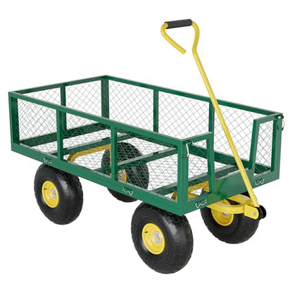 900 Lbs Garden Wagon, 2-in-1 Heavy-Duty Steel Garden Cart, with 10 Inch All-Terrain Tires and Removable Mesh Side Panels, 180° Rotating Handle, Metal Utility Yard Trailer, Outdoor Gardens Wagon Cart - color: Green + Yellow, size: 900 Lb