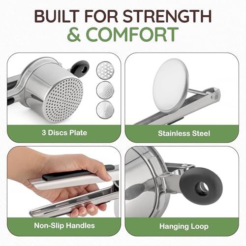 Large 15oz Potato Ricer with 3 Discs - Heavy Duty Stainless Steel Potato Masher and Ricer for Mashed Potatoes | Non Slip Baby Food Squeezer, Kitchen Gadget Tool for Food Press & Food Mill - size: Three Discs