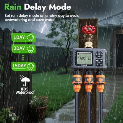 Insoma Water Timer with Brass Inlet, 3 Independent Zones Outdoor Hose Timer for Garden Faucet with Auto/Manual/Rain Delay Mode, IPX5 Waterproof, Sprinkler Irrigation Controller for Yard Lawn - size: 3-Zones