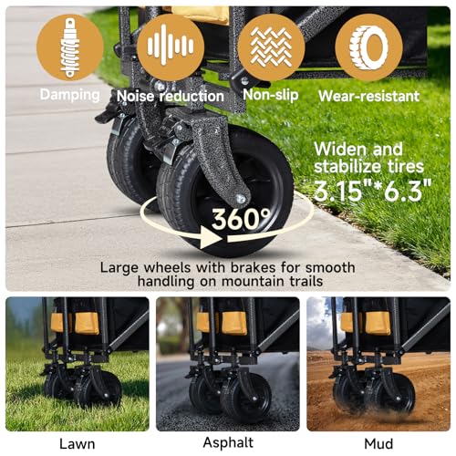 Collapsible Folding Wagon with Tailgate and Brake, Duty Utility Cart - color: Yellow, size: Large with Tailgate