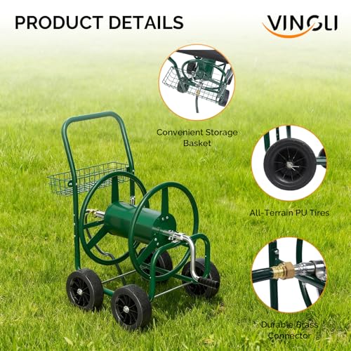 VINGLI 4-Wheel Garden Hose Reel Cart with Storage Basket, Portable Residential Hose Reel Cart, Lawn Watering, for Garden Backyard and Farm (Green 250FT) - color: Green 250ft- 4 Wheel