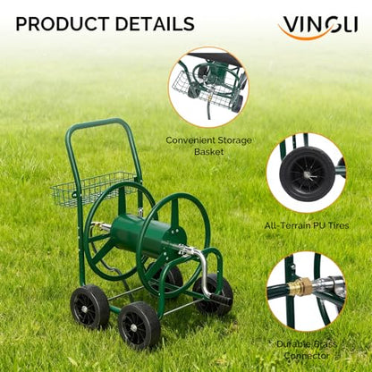 VINGLI 4-Wheel Garden Hose Reel Cart with Storage Basket, Portable Residential Hose Reel Cart, Lawn Watering, for Garden Backyard and Farm (Green 250FT) - color: Green 250ft- 4 Wheel