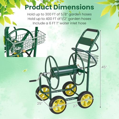 Moccha Hose Reel Cart, Hold Up to 300 FT of 5/8", Heavy-Duty Garden Water Hose Carts with 4 Wheels & Storage Basket for Outside Yard, Outdoor Mobile Planting Tool (Green) - color: Green