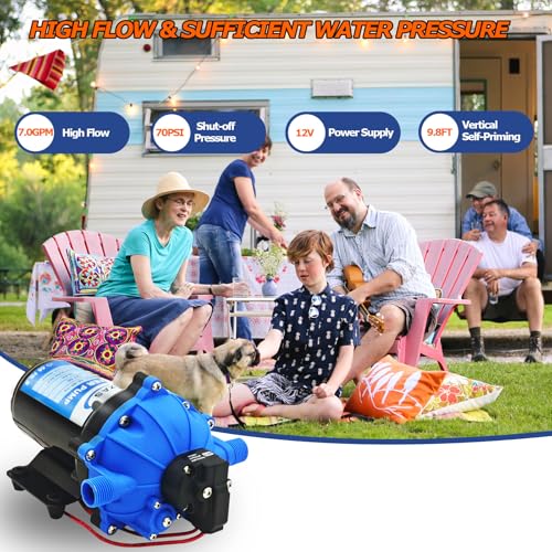 12V DC RV Fresh Water Pump, 7.0GPM 75PSI, Five Chamber Self-Priming Diaphragm Pump with Heavy-Duty Pressure Switch and Filter, Ideal for RVs, Yachts, Farmland, and Garden Irrigation, Camping
