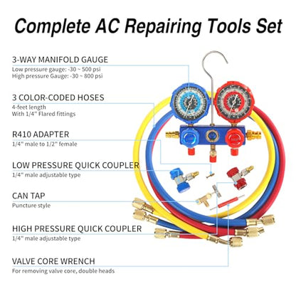 PB Motor Tech 4.5CFM Vacuum Pump, 3-Way AC Manifold Gauge Set with Bag