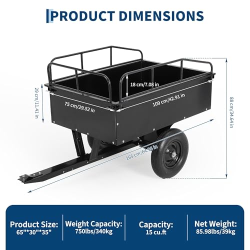 Garvee 750 LB Heavy Duty Steel Dump Cart Trailer - 15 Cu Ft Capacity Tow Behind Utility Trailer for ATV, Lawn Tractor, Riding Mower - Removable Tailgate & Raised Side Rails, Black - size: 750 lbs