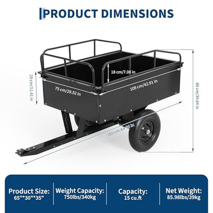 Garvee 750 LB Heavy Duty Steel Dump Cart Trailer - 15 Cu Ft Capacity Tow Behind Utility Trailer for ATV, Lawn Tractor, Riding Mower - Removable Tailgate & Raised Side Rails, Black - size: 750 lbs
