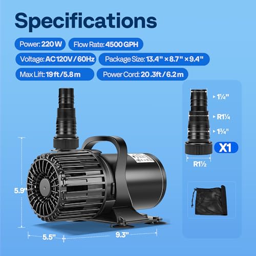 VIVOHOME 220W Pond Pump, 4500GPH Submersible Water Pump for Koi Pond - size: 4500GPH