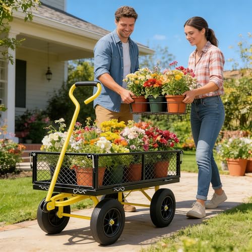 Heavy Duty Steel Garden Cart, Metal Utility Wagon Cart with Handle and Solid No-Flat Tires, 2-in-1 Convertible Flatbed Wagon with Removable Sides for Farm, Yard, Beach, Black+Yellow - color: Black+yellow