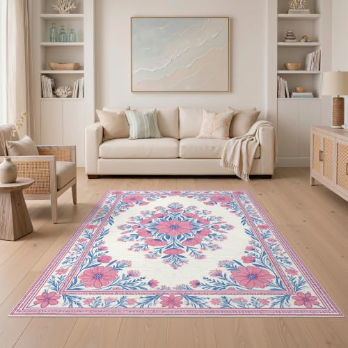 5'x7' Pink Toile Motif Way Flower Chinoiserie Washable Area Rug - color: Pink/Pattern 17, size: 5' x 7' (Rectangular)