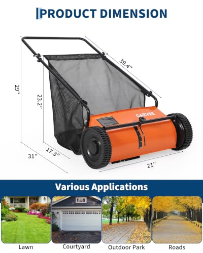 21" Push Lawn Sweeper, 6 Cu.Ft. Hopper, 3 V-Shaped Brushes, Height Adjustable - color: Orange, size: 21in