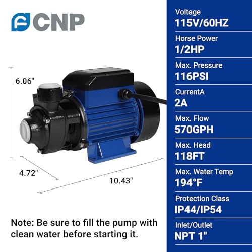 Water Transfer Pump 1/2HP 570GPH 115V 118ft Height Shallow Well Pump Vortex Clean Water Pump for Household Water Booster,Garden Lawn Irrigation,Pond Water Supply
