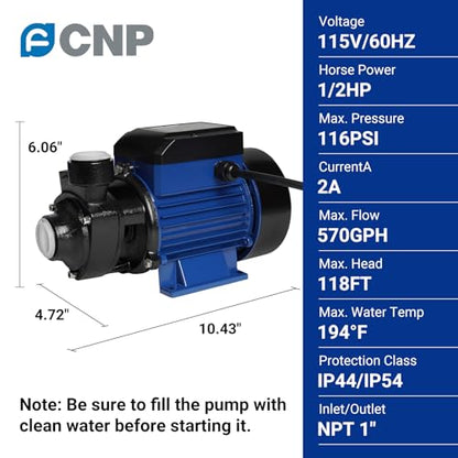 Water Transfer Pump 1/2HP 570GPH 115V 118ft Height Shallow Well Pump Vortex Clean Water Pump for Household Water Booster,Garden Lawn Irrigation,Pond Water Supply