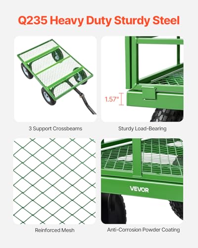VEVOR Steel Garden Cart, 1200 lbs Heavy Duty Pullable Garden Wagon Yard Cart, 2 in 1 Outdoor Metal Utility Wagon Yard Trailer with 13" All Terrain Tires, Mesh Detachable Sides and 180° Rotating Handle - color: Black + Green