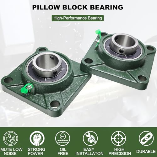 2 Pack UCF207-22 Pillow Block Bearing – Square Flange 4 Bolt Mounted Pillow Block Bearings – Bearing Steel Bearings with 1-3/8"" Bore, Self-aligning Bearings with Solid Cast Iron Base - style: UCF207-22