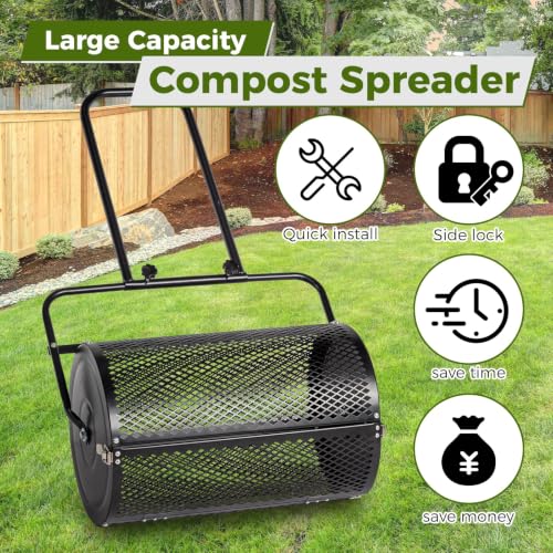 VINGLI Compost Spreader, Peat Moss Spreader with Height Adjustable Handle, T Shaped Handle Peat Moss Roller, Seed Spreader for Lawn Backyard Outdoor (24“ -Black U Shape) - size: 24“ -Black U shape
