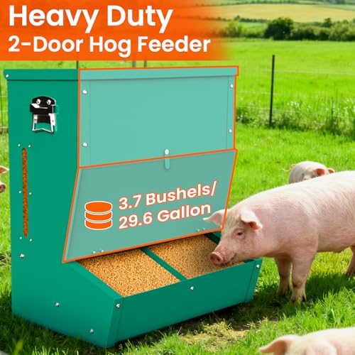 Pig Feeder, 2-Door Heavy Duty Galvanized Steel Hog Feeder,3.7 Bushels Capacity,Outdoor Pig Feeders with Visable Feed Design, Livestock Feeder for Barn, Farm, Feeding up to 5 Small Hogs, Green - size: 2-Door