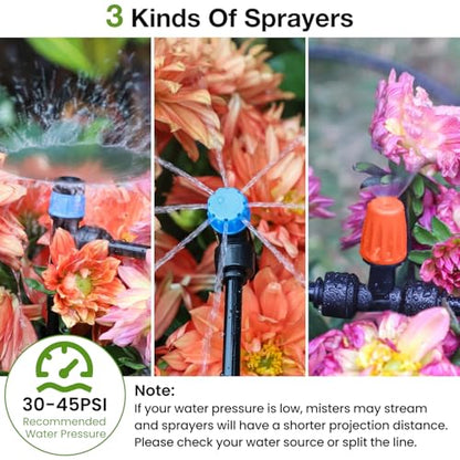 MIXC Greenhouse Micro Drip Irrigation Kit Automatic Irrigation System Patio Misting Plant Watering System with 1/4 inch 1/2 inch Irrigation Tubing Hose Adjustable Nozzle Emitters Barbed Fittings - size: (Upgraded) 26FT Main Tube+75FT 1/4'' Tube