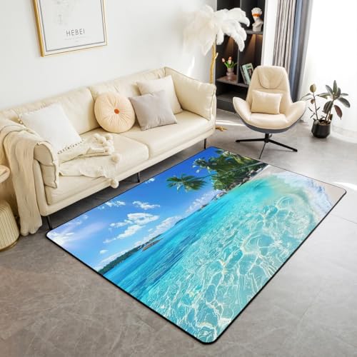 Ocean Area Rug 4x5, Palm Leaves Printd Rug, Summer Beach Hawaiian Vacation Style Non Slip Carpet, Green Palm Trees Tropical Nature Sea Theme Decorative Rug for Living Room - color: Multi 06, size: 3'11" x 5'3" (Rectangular)