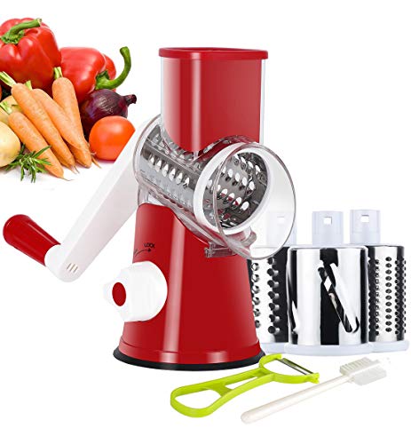 Ourokhome Rotary Cheese Grater Hand Crank, Kitchen Shredder Speed Mandolin Slicer Nut Grinder with Handle and Drum Blades for Cheese, Vegetable, Walnut, Chocolate, Potato, Carrot, 3 Blades, Red - color: BN-Red, style: 3 blades