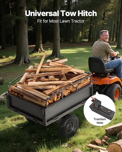 VEVOR 10 Cu.Ft. & 500lbs ATV Trailer Dump Cart Tow Behind, Heavy Duty Utility UTV Trailer, Tow Behind Steel Yard Dump Wagon Cart with 14" Tires for Lawn Mower Tractor - color: Black
