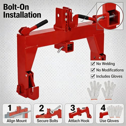 3-Point Quick Hitch for Tractors, 28 in Lower Arm Spacing, 3000 Lb Lift Capacity, 5-Position Adjustable Top Hook, Bolt-on No-Weld/No-Drill Adapter, Heavy-Duty 3x3 Steel, Powder-Coated Red - color: Red with Gloves