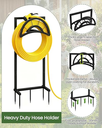 CHOEZON Garden Hose Holder with 5 Prongs, Heavy Duty Water Hose Holder Stand, Holds 150ft Hose, Metal Water Hose Holder for Outside, Yard, Lawn, Patio, Black TCJ91BB