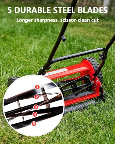 IDEALHOUSE Manual Push Reel Lawn Mower – 14-Inch 5-Blade –
