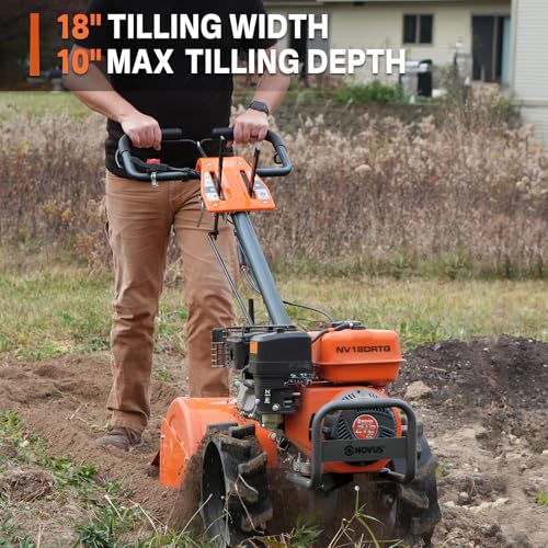 NOVUS 18-Inch Dual Direction Rear Tine Tiller, 212cc 4-Cycle Gas Engine, Full Gear Transmission, Dual Rotating Tines, Airless Tires Gas Tiller for Small to Large Gardens