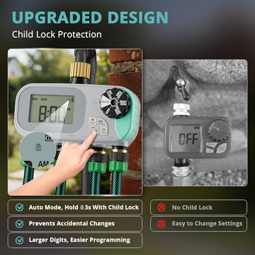 QUOBAS Sprinkler Timer for Garden Hose, Programmable Brass Water Timer | 4 Zone Hose Timer with Child Lock for Drip Irrigation, Pool, with Rain Delay/Auto/Manual, Waterproof Screen & Battery Powered - color: Gray