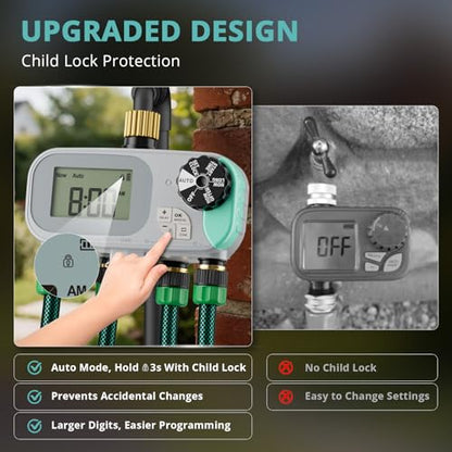 QUOBAS Sprinkler Timer for Garden Hose, Programmable Brass Water Timer | 4 Zone Hose Timer with Child Lock for Drip Irrigation, Pool, with Rain Delay/Auto/Manual, Waterproof Screen & Battery Powered - color: Gray