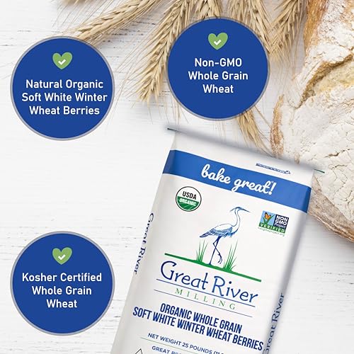 Great River Milling Organic Soft White Wheat Berries, Non-GMO, 25 lb