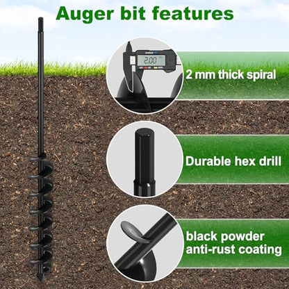 Insaga Auger Drill Bit for Planting 2″ x 32″– Heavy Duty Carbon Steel Spiral Garden Auger for Drill, 3/8″ Hex Drive Plant Auger for Bulbs & Seedlings – 32″ Long Reach Reduces Bending - size: 2″ x 32″