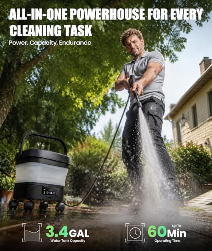 Portable Electric Cleaning Washer with Tank, 3.4 Gal Foldable Tank, Portable Cordless Cleaning Tool with 360° Nozzle, 23FT Hose for Camping Trips, Patio Furniture, Bike Washing, and Pet Bathing