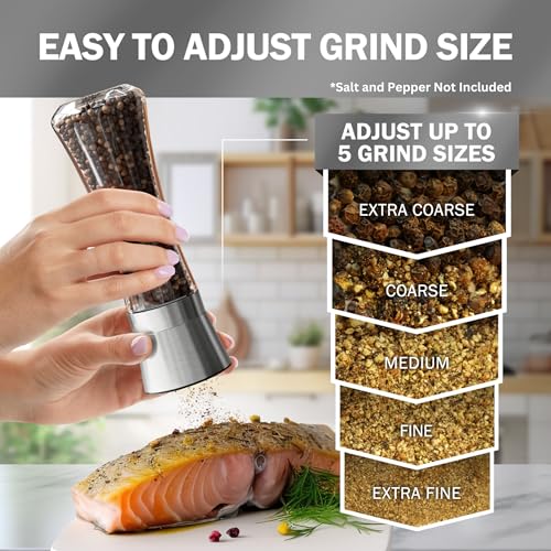 Home EC Premium Stainless Steel Sea Salt and Pepper Grinder Set of 2 - Adjustable Ceramic - Tall Glass Salt and Pepper Shakers - Kitchen Spice Mill W/Funnel & EBook - color: Clear Glass, size: 2pk